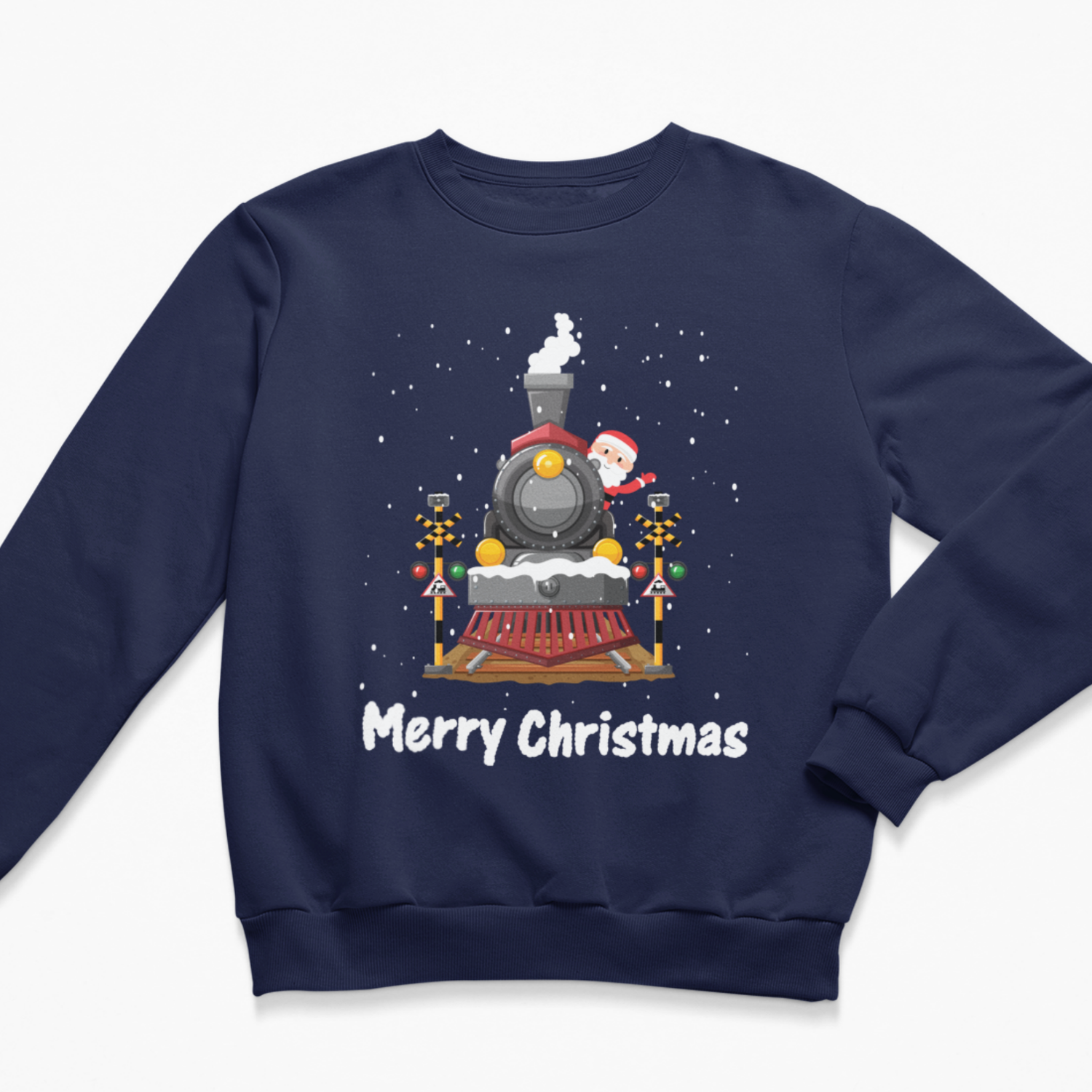 Navy kids Christmas jumper with Santa steam train design, falling snow and Merry Christmas wording.