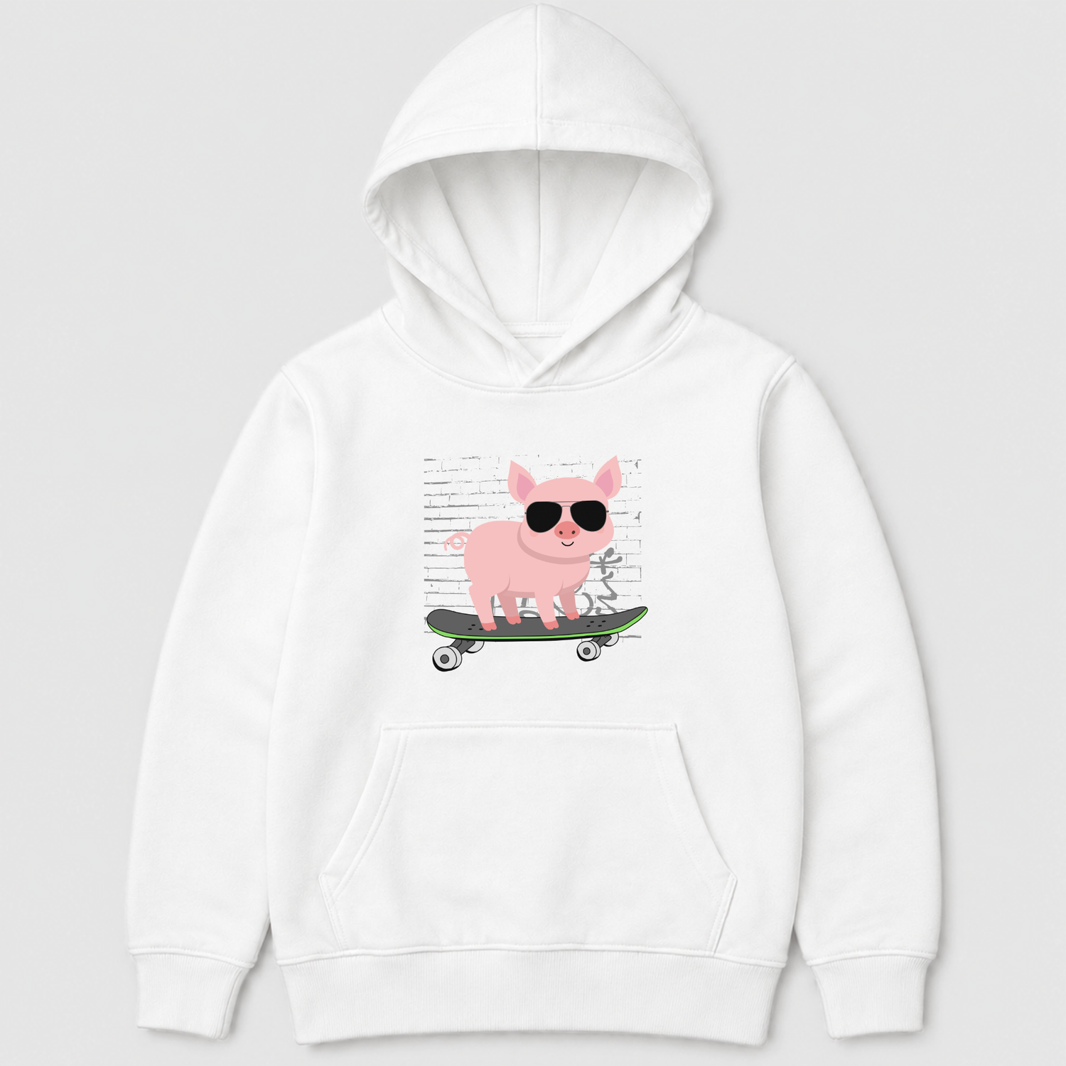 White kids skateboarding pig hoodie with a pink pig wearing black sunglasses on a skateboard in front of a brick wall graphic.