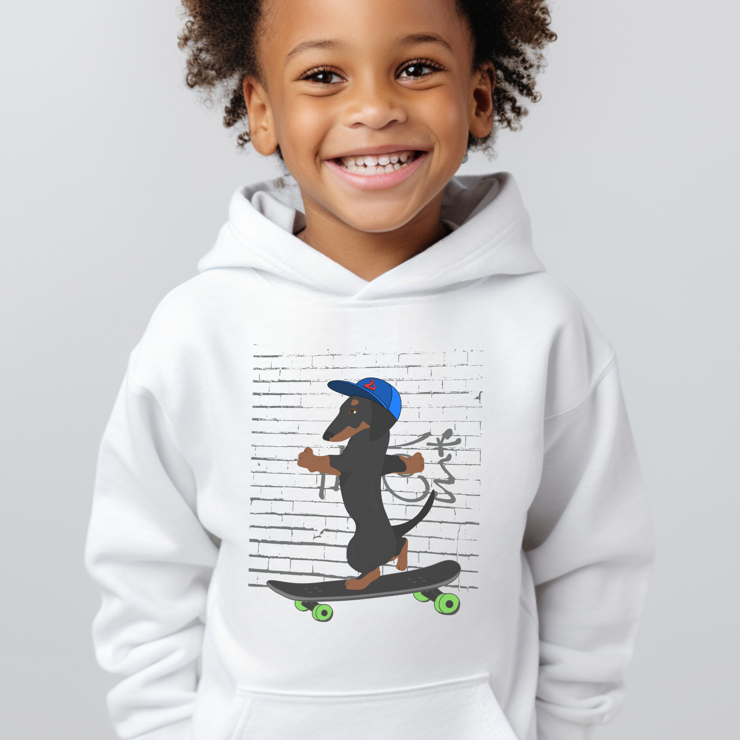 Kids "Skateboarding Dachshund" Pullover Hoodie | 3 - 13 years