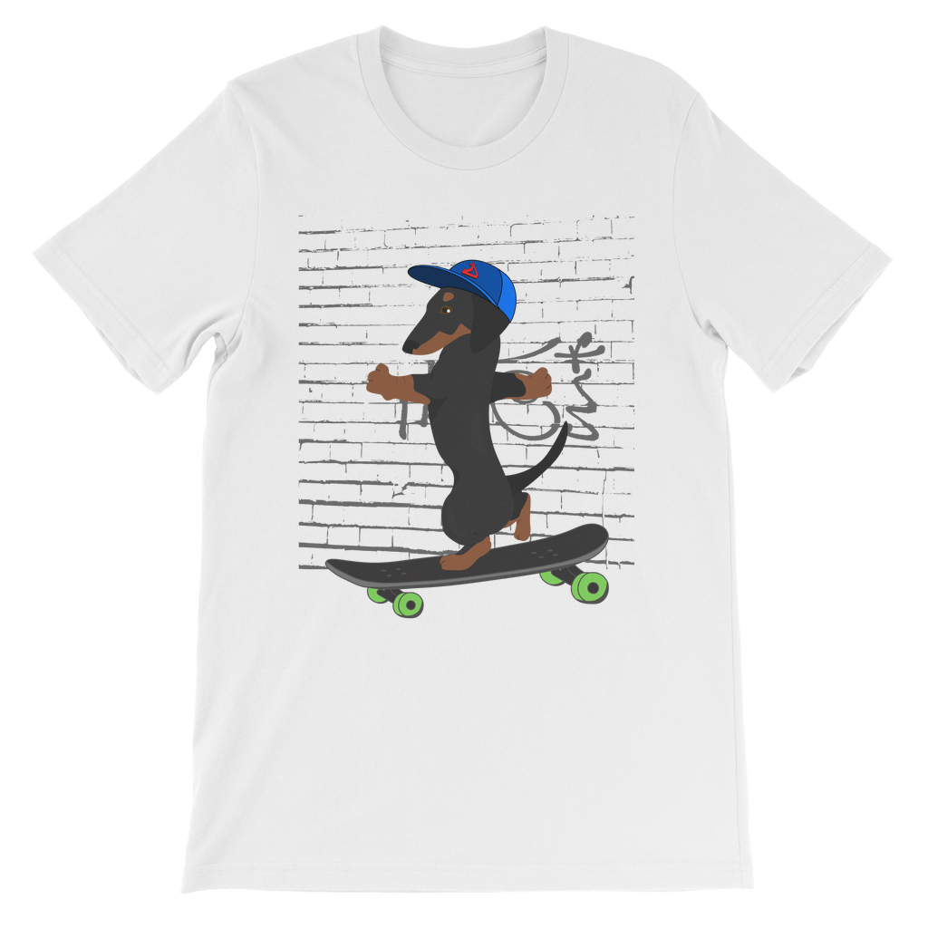 Kids white short sleeve cotton t-shirt with a skateboarding dachshund graphic - street style.