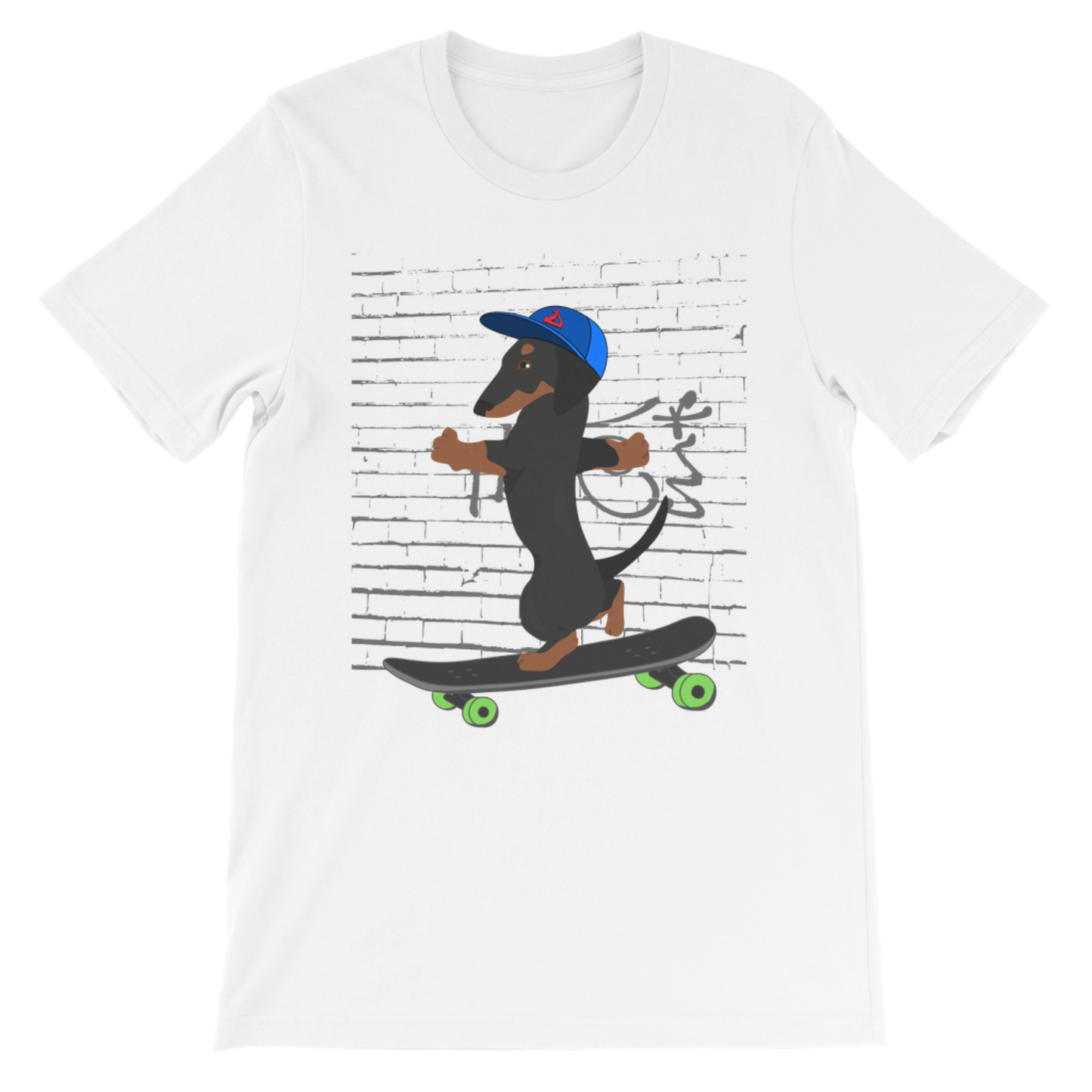 White kids t shirt with skateboarding dachshund graphic, boys cotton skateboard dog tee flat lay product image
