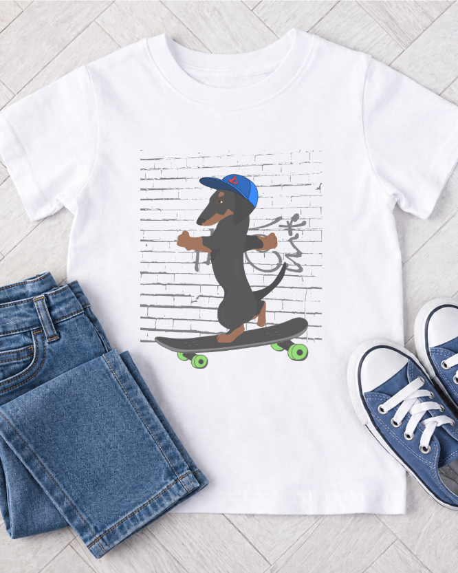 Kids white t-shirt with a dachshund riding a skateboard graphic styled with denim jeans and pumps flat lay on a wooden floor