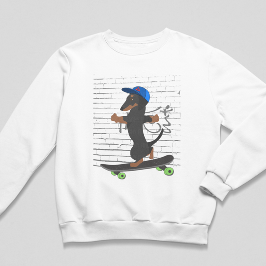 Skateboarding Dachshund Kids Sweatshirt (3–13 Yrs)