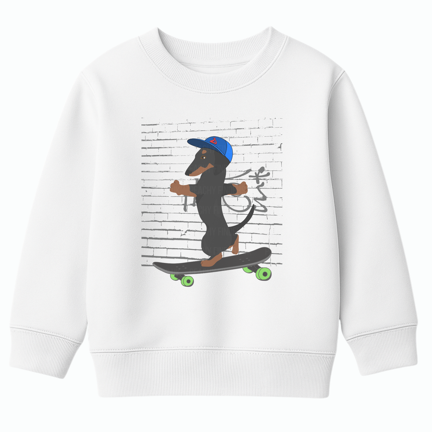 Kids white sweatshirt with a skateboarding dachshund graphic on the front.