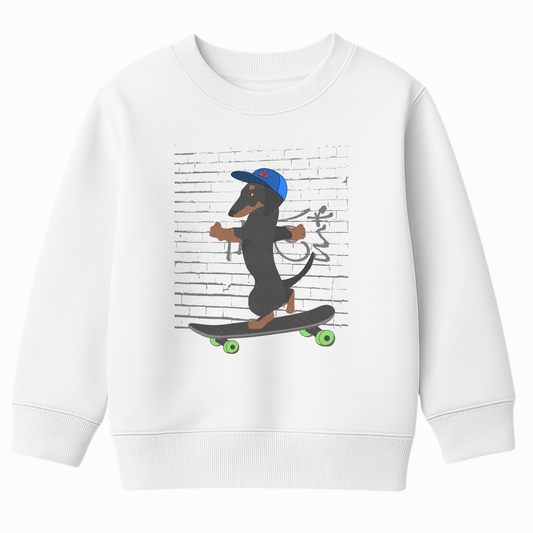 Kids white sweatshirt with a skateboarding dachshund graphic on the front.