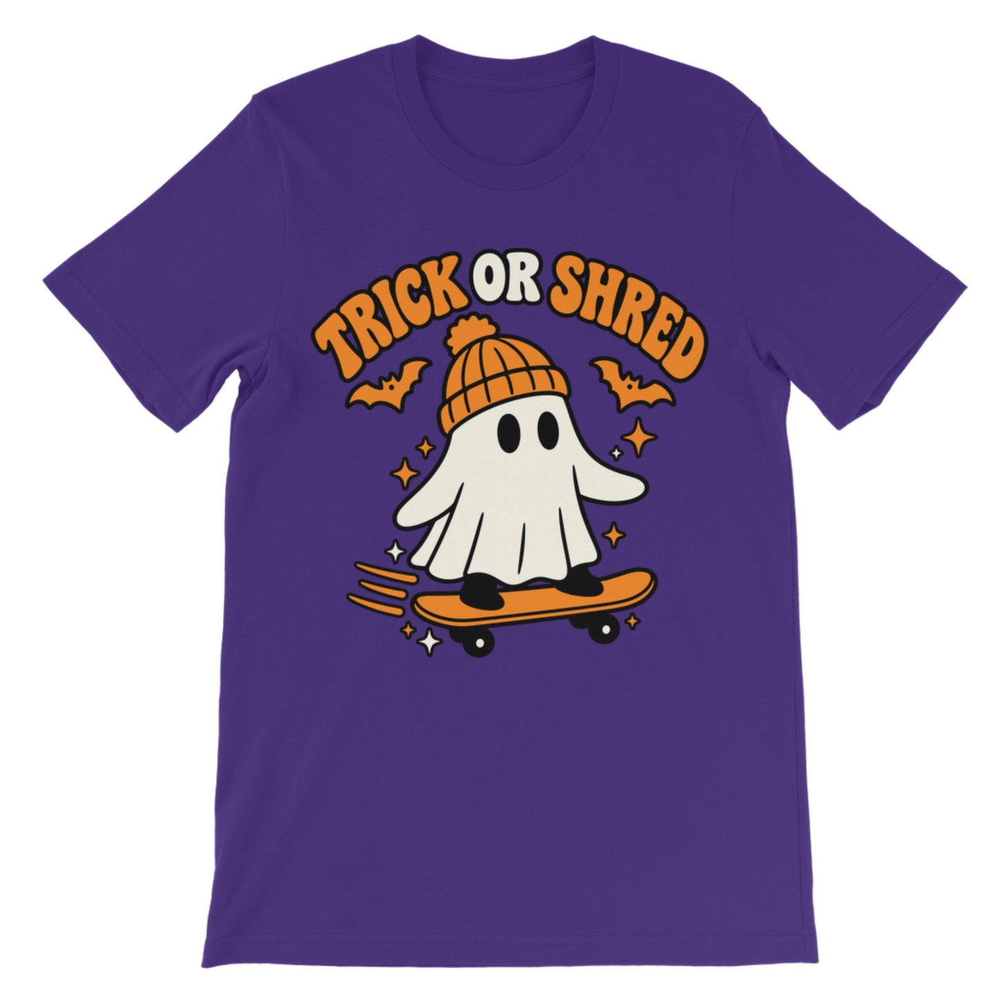 Purple kids Halloween T-shirt with Trick or Shred skateboarding ghost design