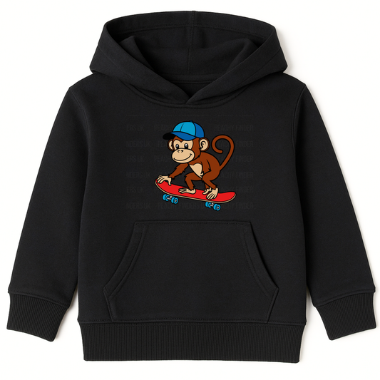 Kids black hoodie with skateboarding monkey graphic, flat lay product image showing front view, soft cotton fabric, kangaroo pocket and ribbed cuffs