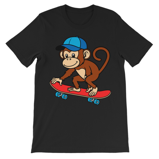 Kids black skateboarding monkey T-shirt with cool cartoon monkey print and bold playful streetwear style.