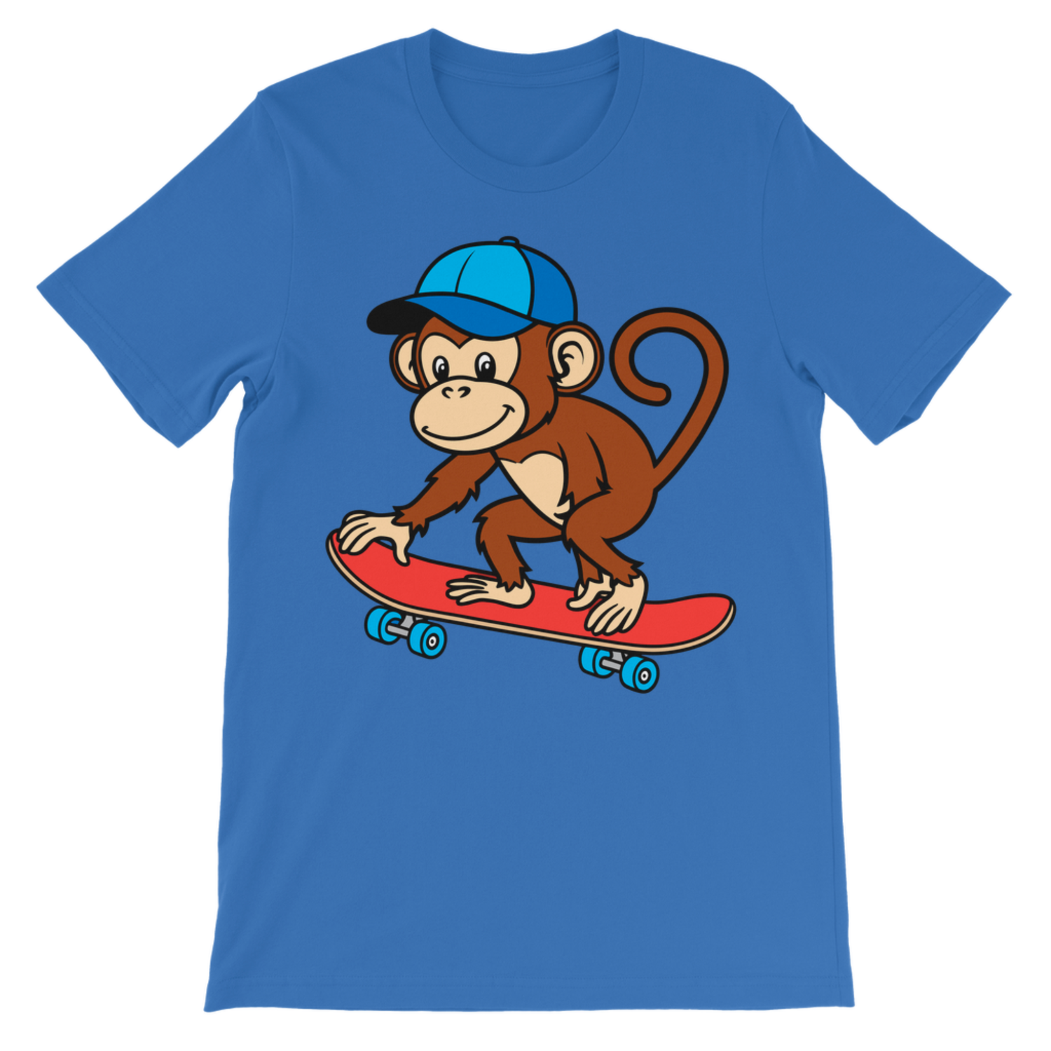 Royal blue kids monkey skateboard T-shirt featuring playful cartoon monkey graphic and bright colourful design.