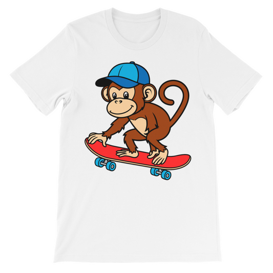 white cotton t-shirt with cartoon monkey skateboarding graphic for kids