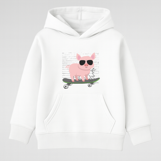 White kids pullover hoodie with cool skateboarding pig design and front pocket, clean product image