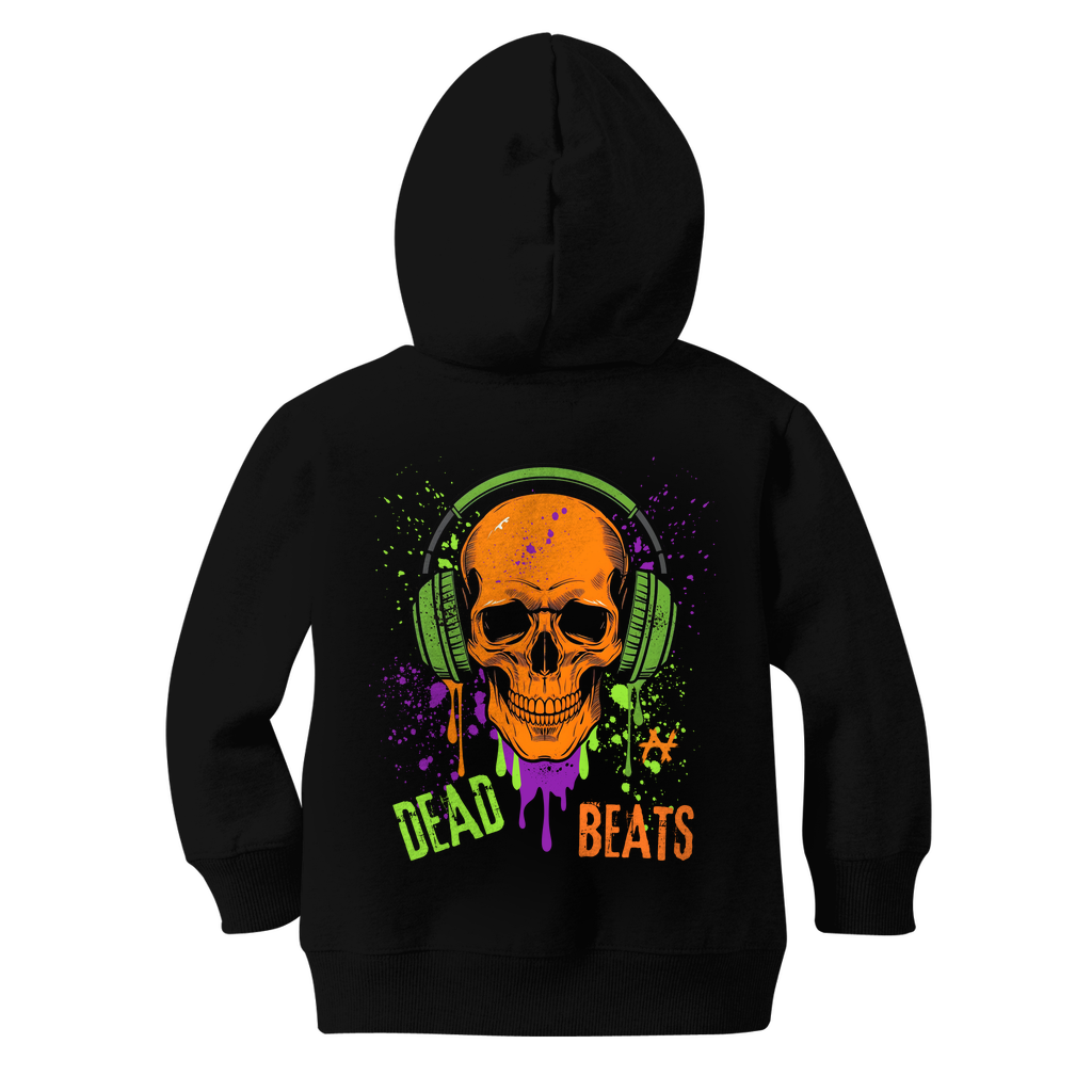 Black kids zip hoodie showing “Dead Beats” skull headphones graffiti back print on the back.