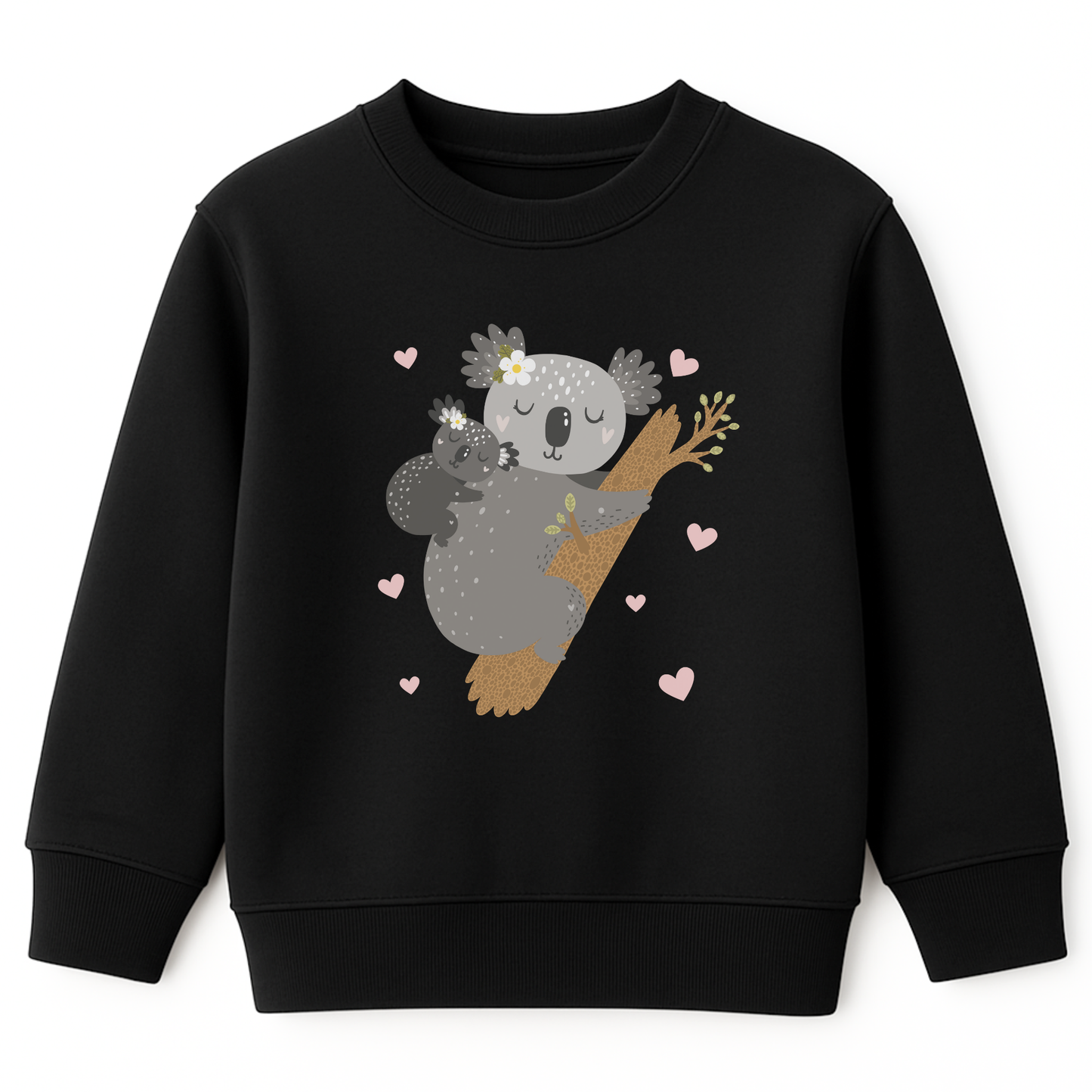 Girls black sweatshirt featuring a mother and baby koala cuddling on a tree branch surrounded by small pink hearts.