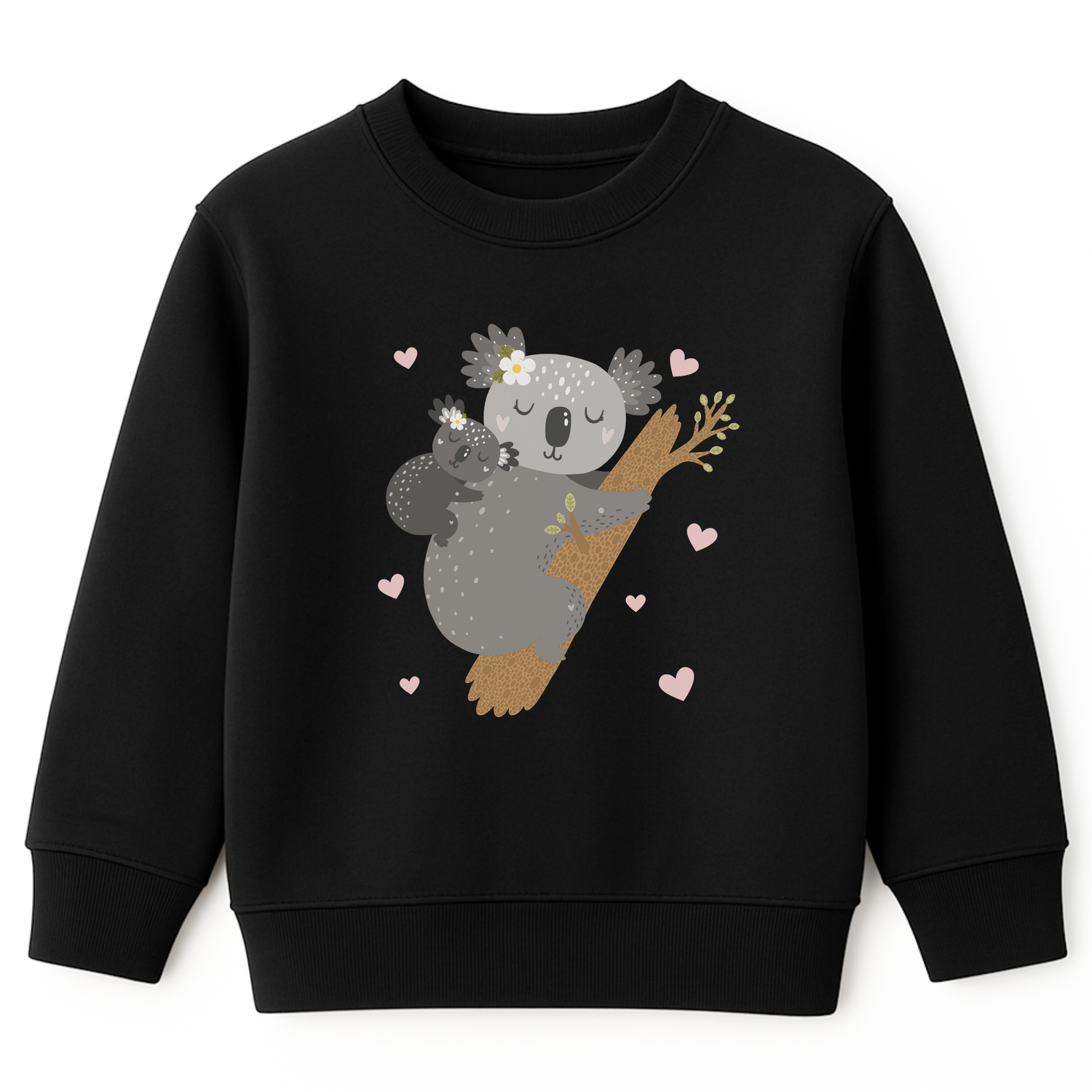 Girls black sweatshirt featuring a mother and baby koala cuddling on a tree branch surrounded by small pink hearts.