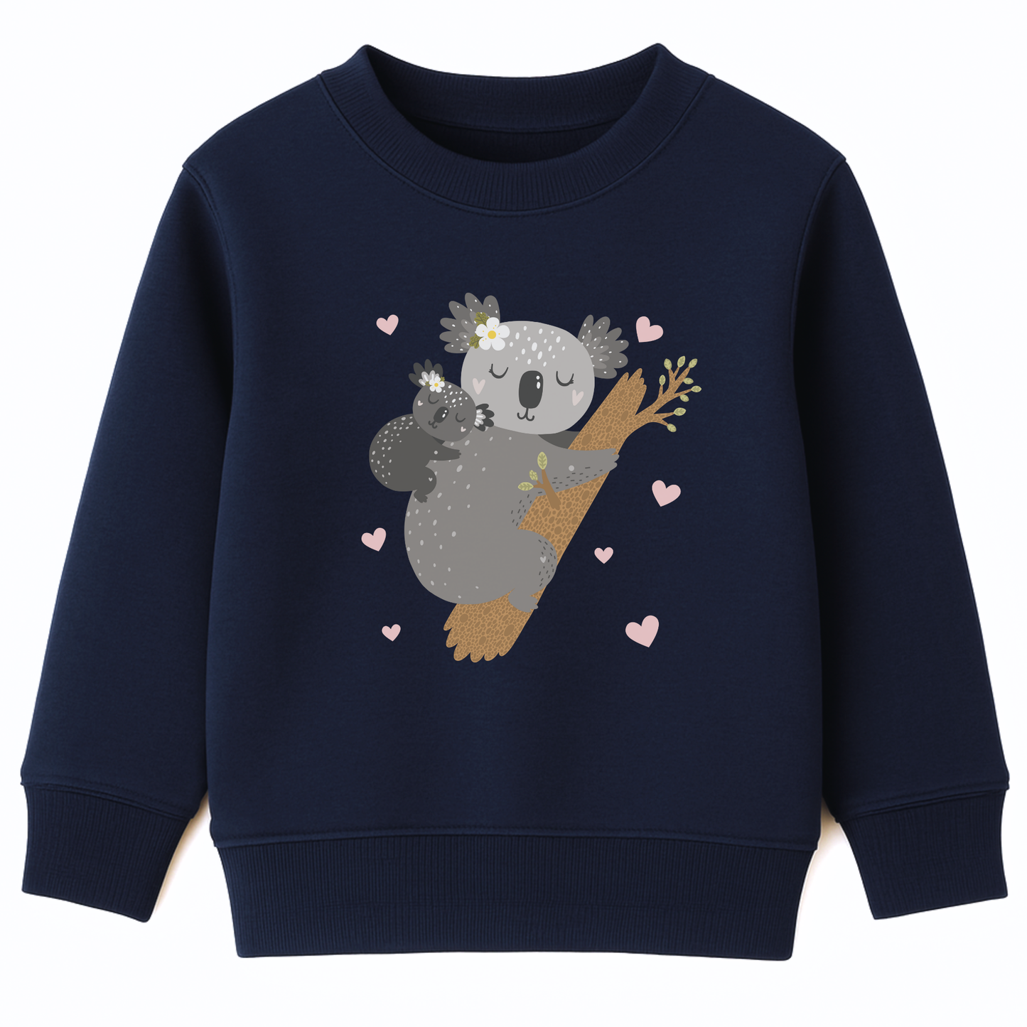 Girls navy sweatshirt featuring a mother and baby koala cuddling on a tree branch surrounded by small pink hearts.