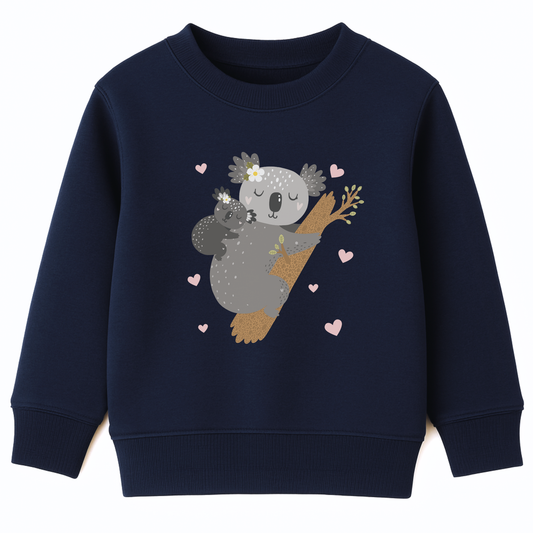 Girls navy sweatshirt featuring a mother and baby koala cuddling on a tree branch surrounded by small pink hearts.