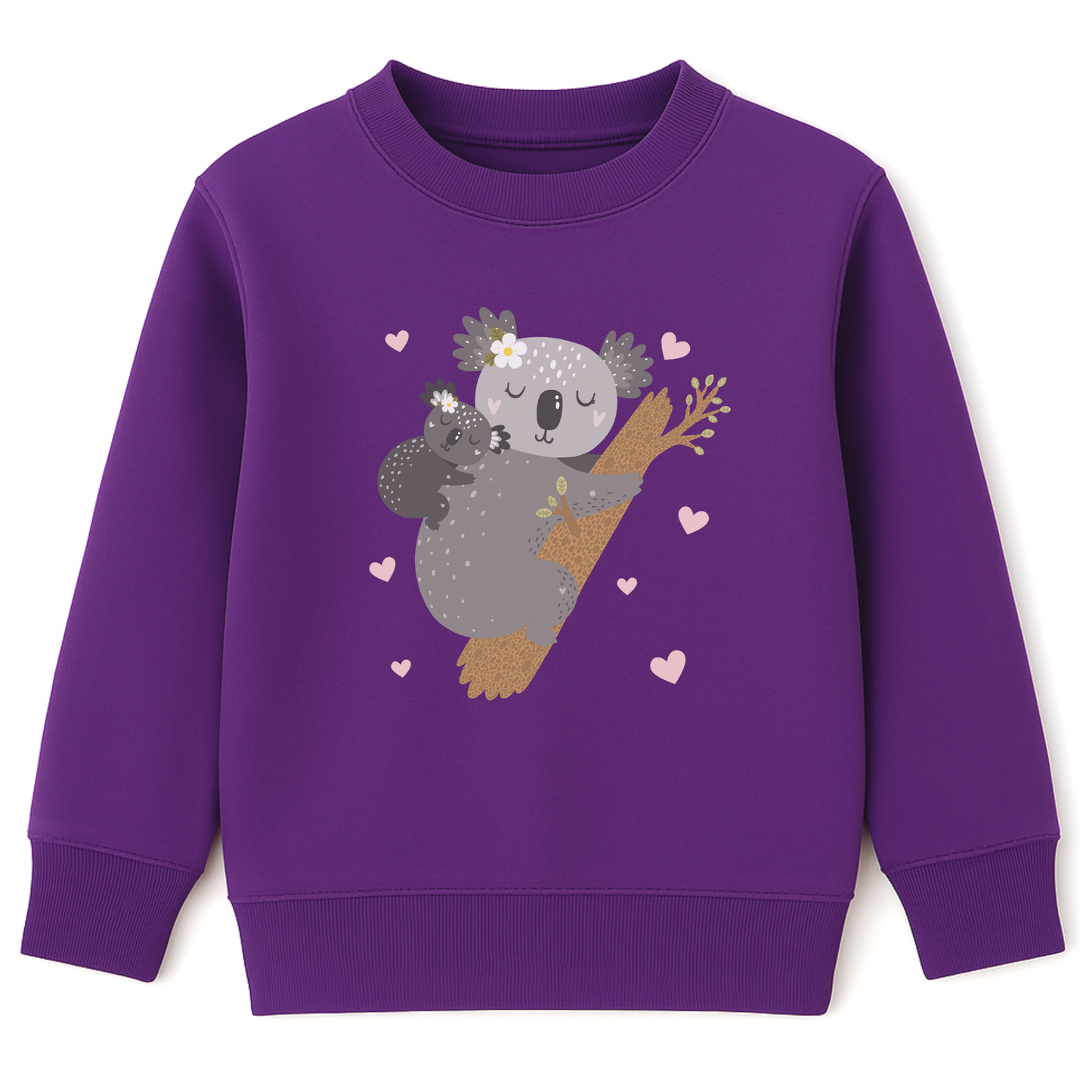 Girls purple sweatshirt featuring a mother and baby koala cuddling on a tree branch surrounded by small pink hearts.