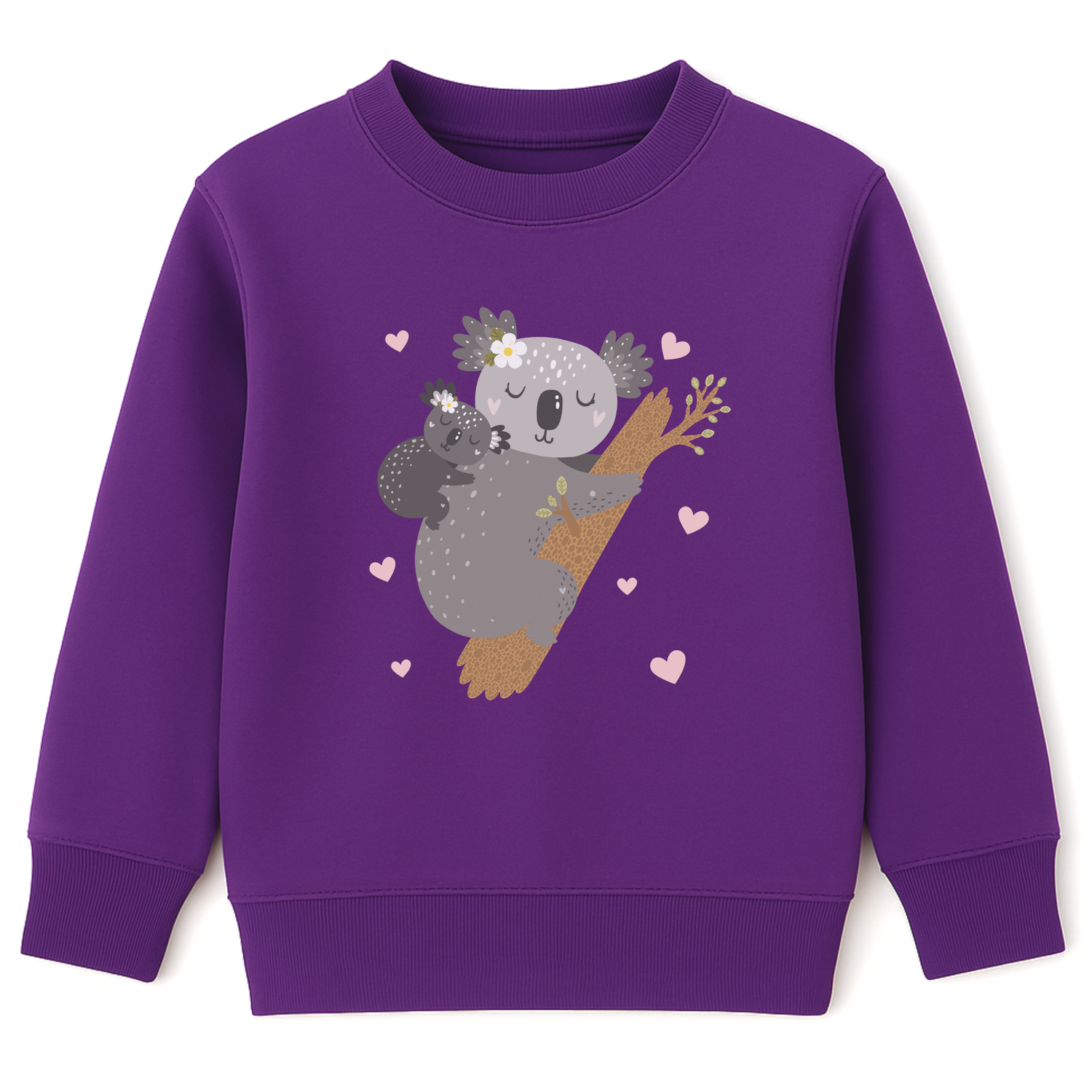 Girls purple sweatshirt featuring a mother and baby koala cuddling on a tree branch surrounded by small pink hearts.