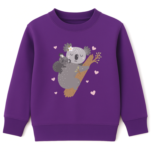 Girls purple sweatshirt featuring a mother and baby koala cuddling on a tree branch surrounded by small pink hearts.