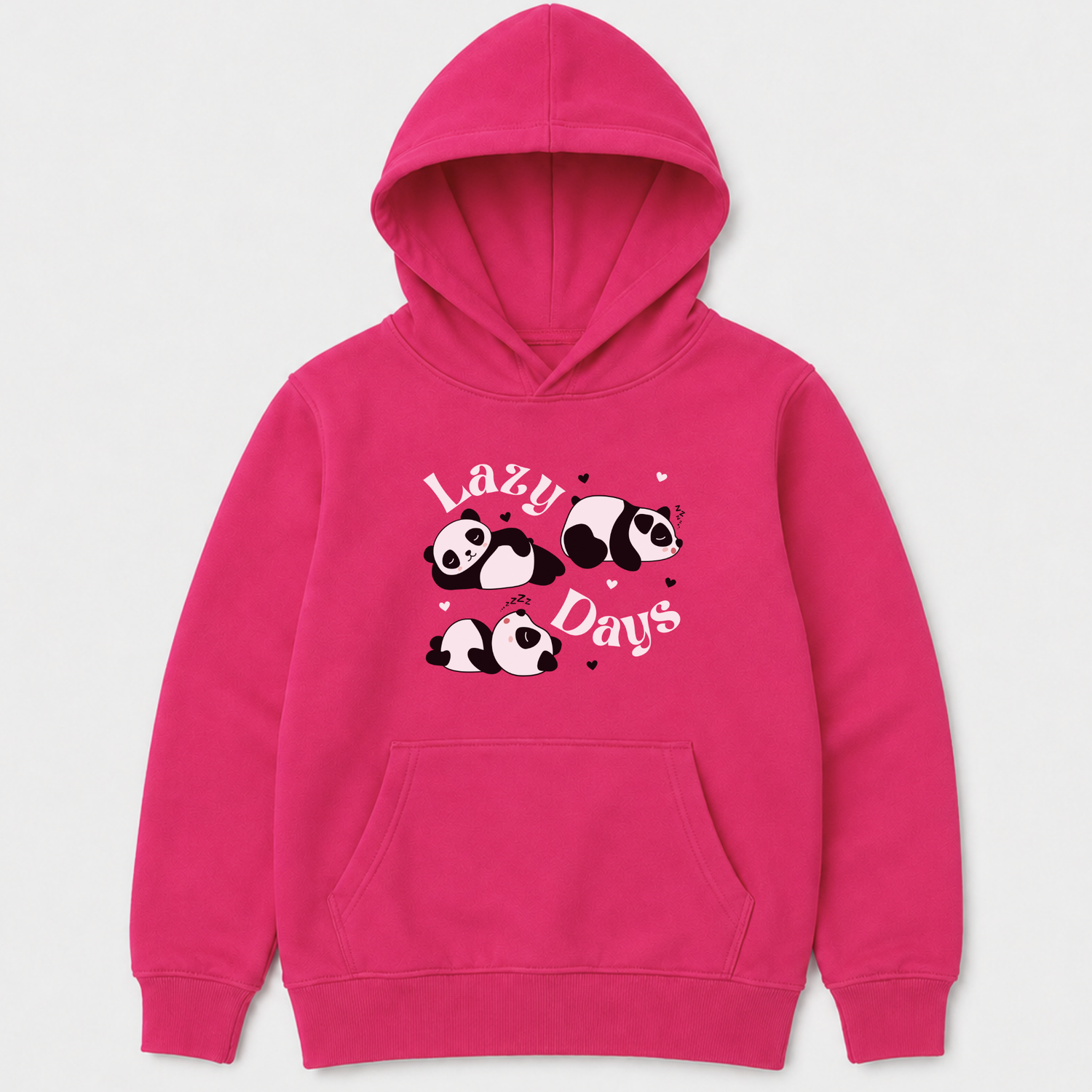 Girls hot pink panda hoodie flat lay featuring Lazy Days sleeping panda design
