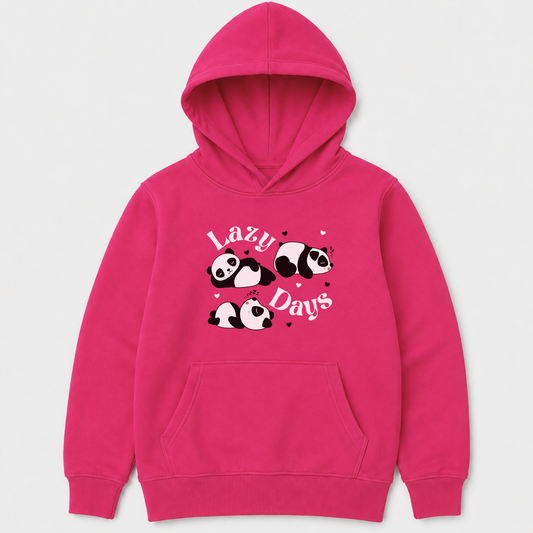 Girls hot pink panda hoodie flat lay featuring Lazy Days sleeping panda design