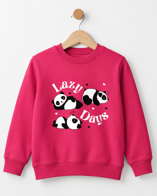 Kids hot pink panda sweatshirt on wooden hanger with Lazy Days graphic
