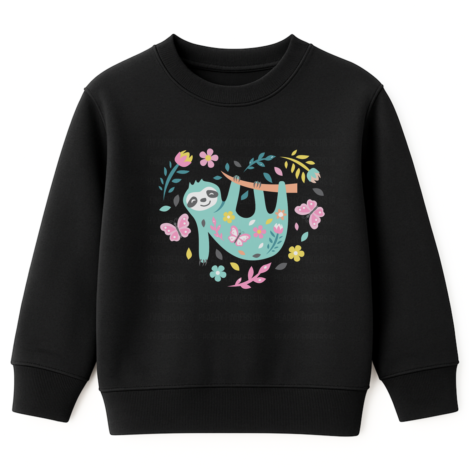 Girls black sweatshirt with a cute floral sloth hanging on a branch surrounded by flowers and butterflies.