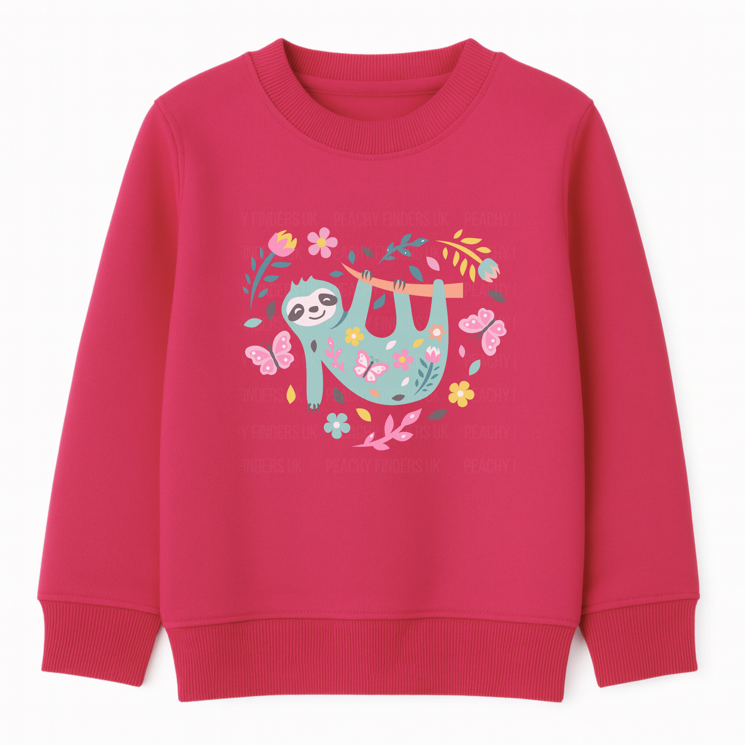 Girls hot pink sweatshirt with a cute floral sloth hanging on a branch surrounded by flowers and butterflies.
