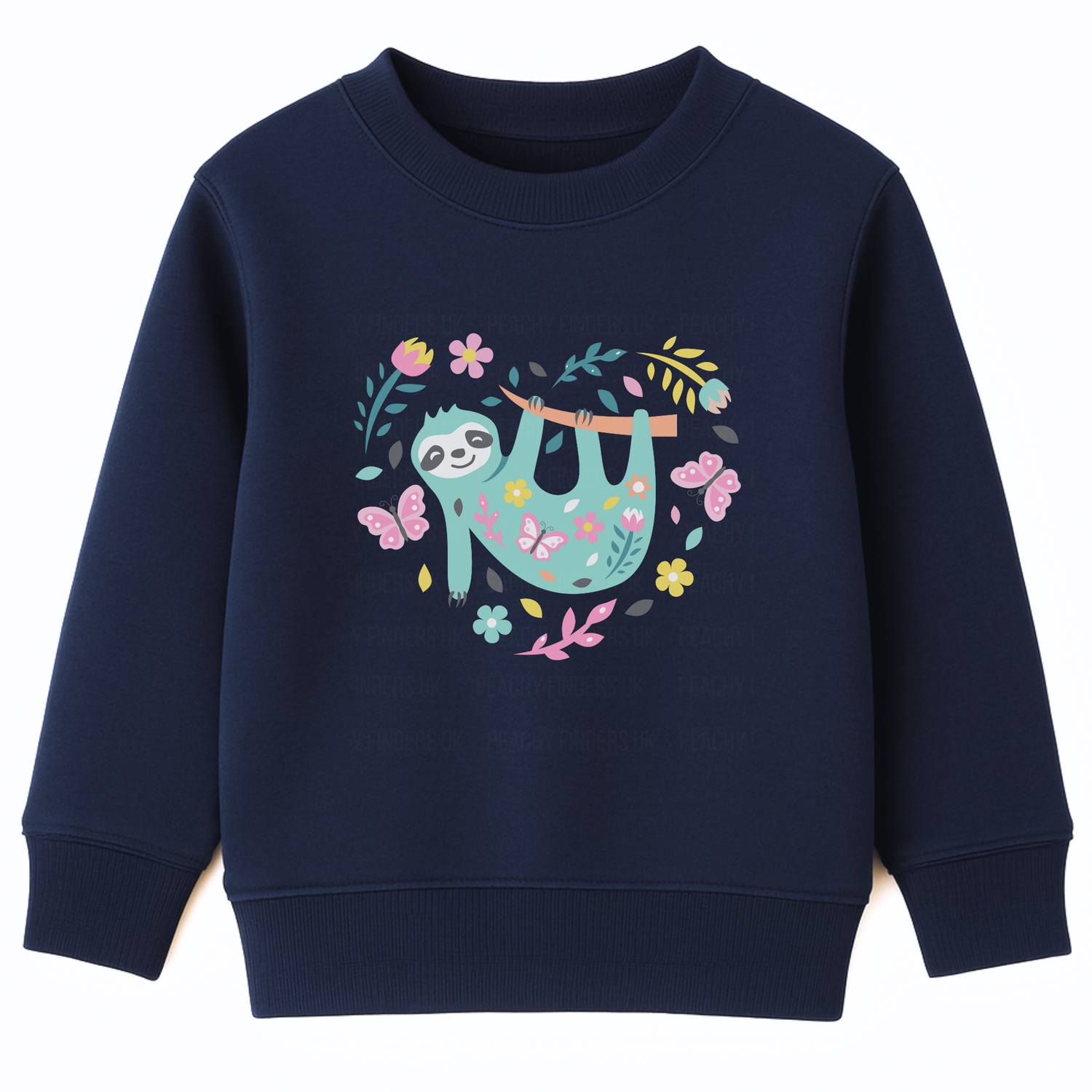 Girls navy sweatshirt with a cute floral sloth hanging on a branch surrounded by flowers and butterflies.