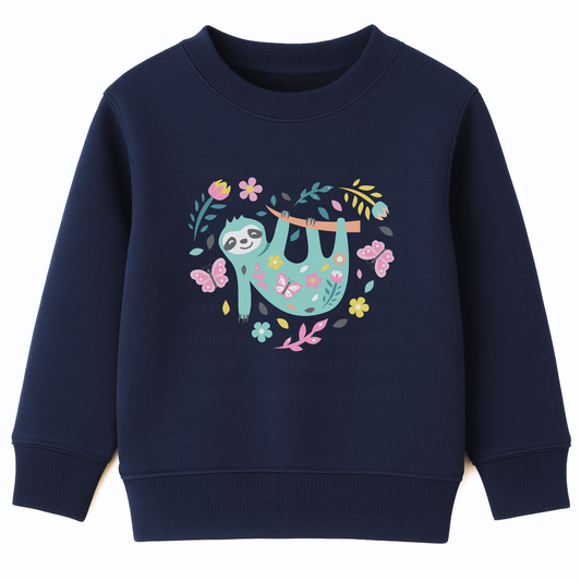 Girls navy sweatshirt with a cute floral sloth hanging on a branch surrounded by flowers and butterflies.