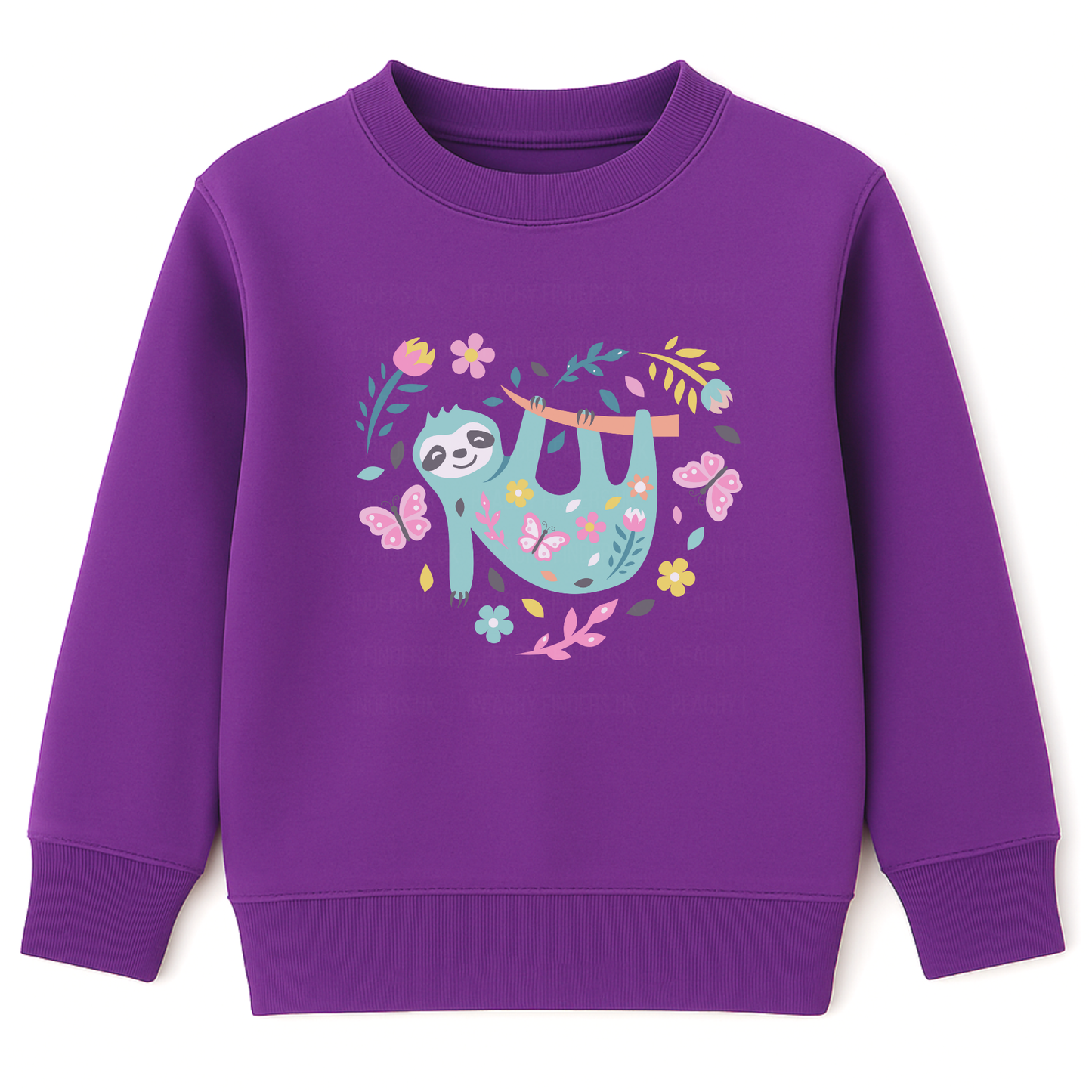 Girls purple sweatshirt with a cute floral sloth hanging on a branch surrounded by flowers and butterflies.