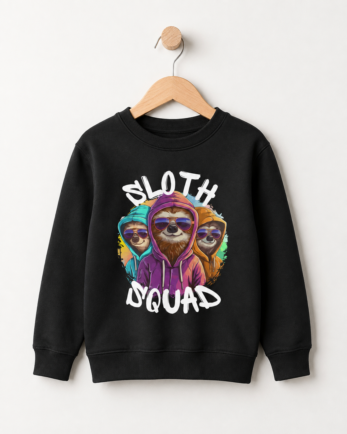 A kids black crewneck sweatshirt hanging on a wooden hanger against a light grey wall. The sweatshirt features a colourful graphic of three sloths wearing sunglasses, with the text 'SLOTH DQUAD' printed in white above and below the illustration.