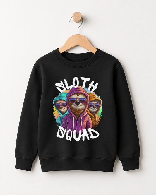 A kids black crewneck sweatshirt hanging on a wooden hanger against a light grey wall. The sweatshirt features a colourful graphic of three sloths wearing sunglasses, with the text 'SLOTH DQUAD' printed in white above and below the illustration.