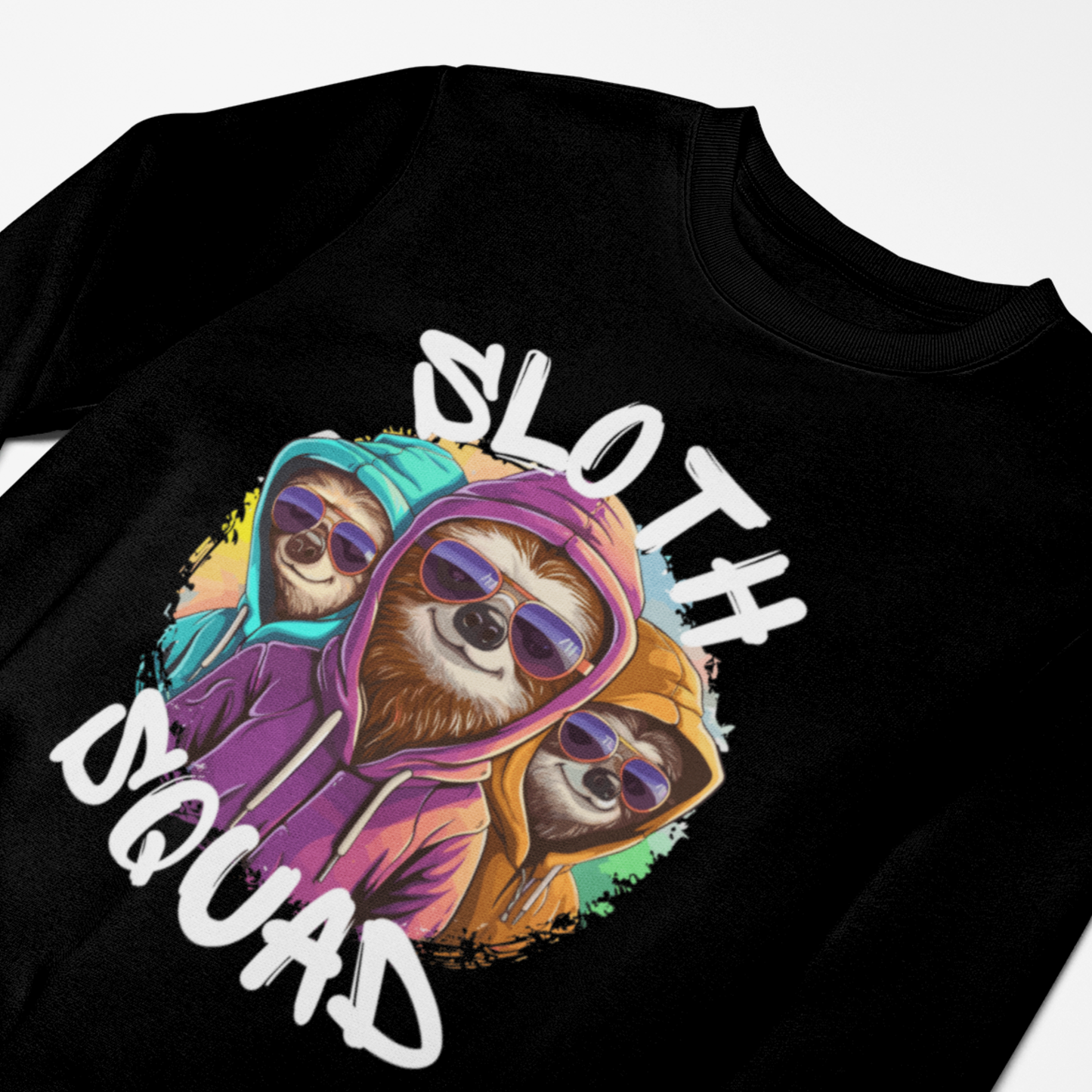 Unisex kids sweatshirt with “Sloth Squad” text and three cool sloths wearing colourful hoodies and sunglasses.