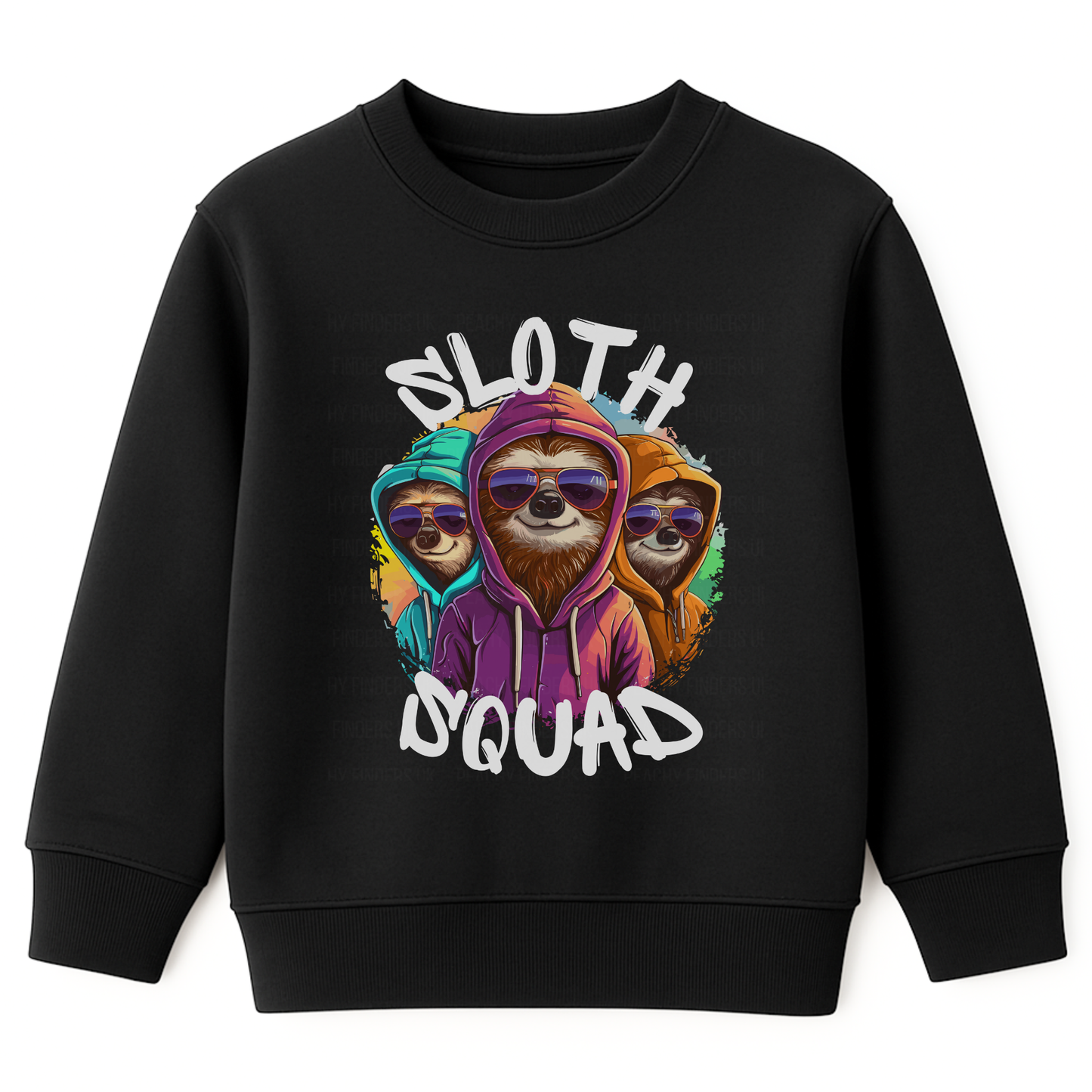 Kids black sweatshirt with “Sloth Squad” text and three cool sloths wearing colourful hoodies and sunglasses.