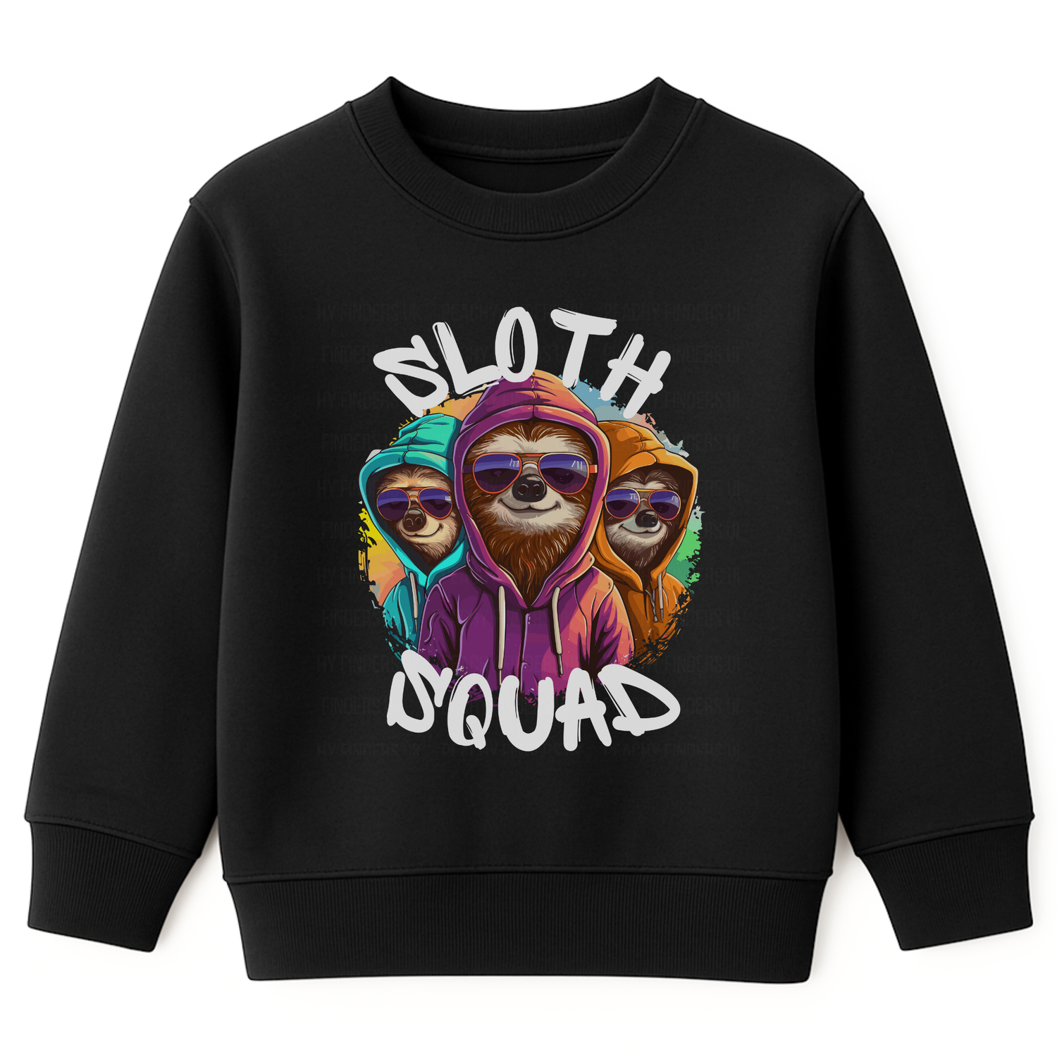 Kids black sweatshirt with “Sloth Squad” text and three cool sloths wearing colourful hoodies and sunglasses.