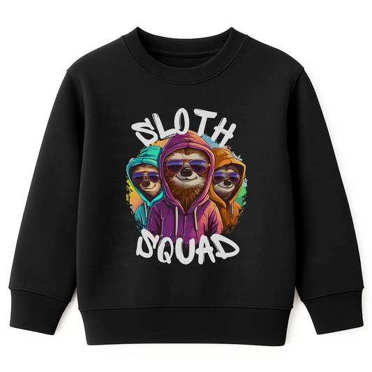 Kids black sweatshirt with “Sloth Squad” text and three cool sloths wearing colourful hoodies and sunglasses.