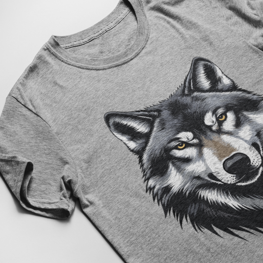 Gray t-shirt with a wolf graphic on a light gray background