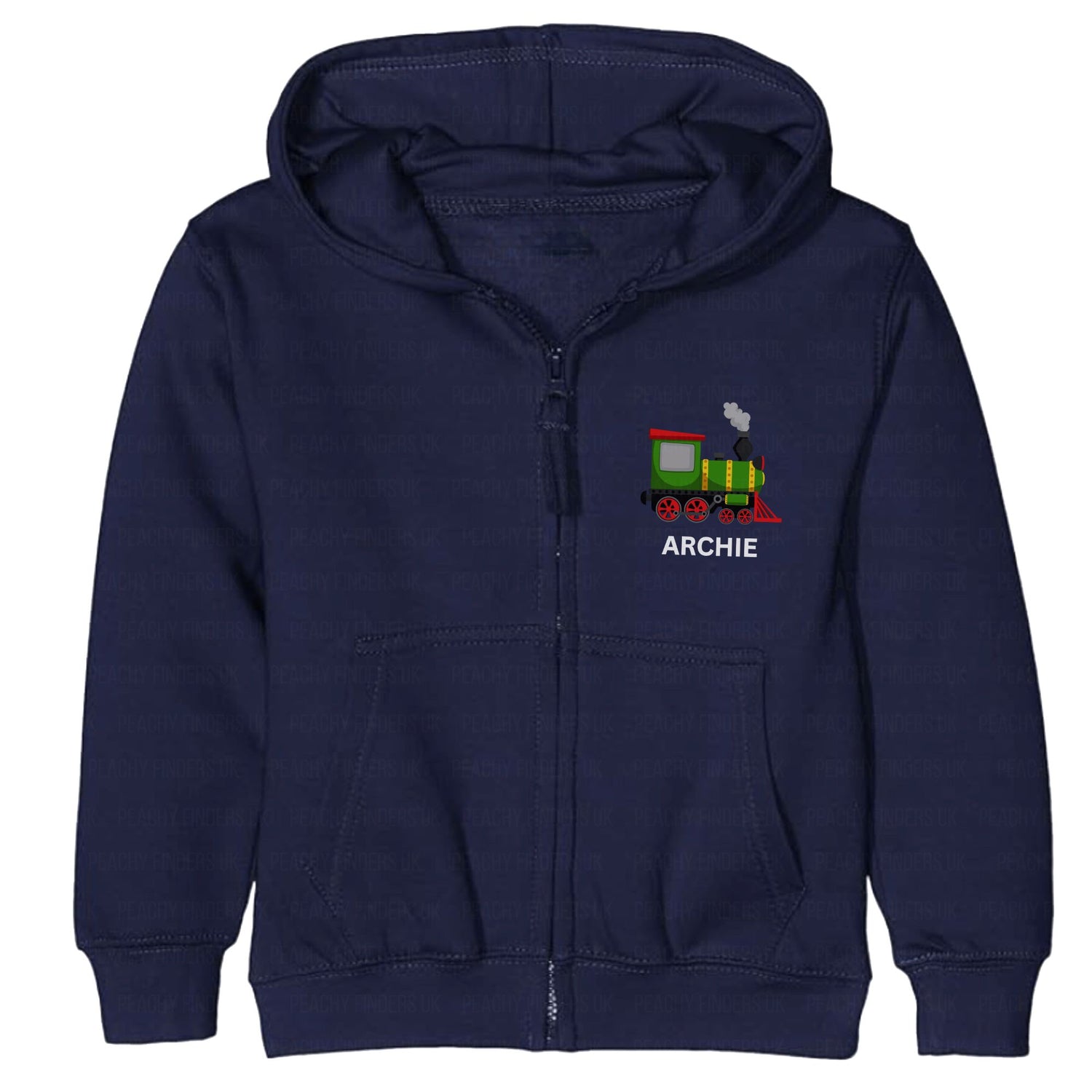 Kids navy zip-up hoodie with a colourful steam train design and the name "Archie" printed on the chest.