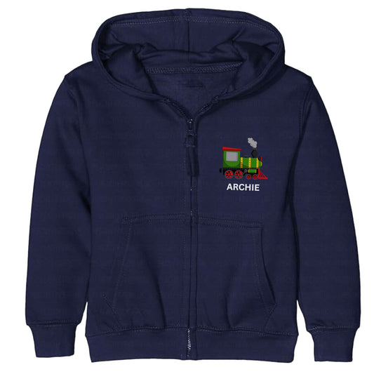 Kids navy zip-up hoodie with a colourful steam train design and the name "Archie" printed on the chest.
