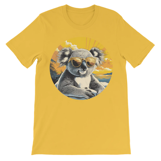Kids gold t-shirt with cute koala in sunglasses and sunset summer design