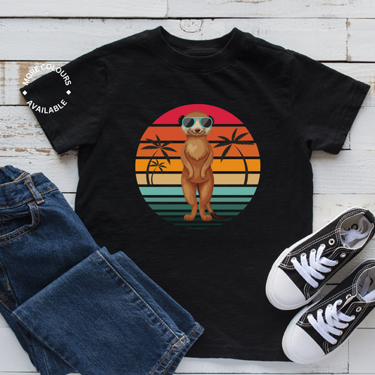 Kids Cool Meerkat retro sunset and palm trees background, meerkat wears cool blue sunshades.