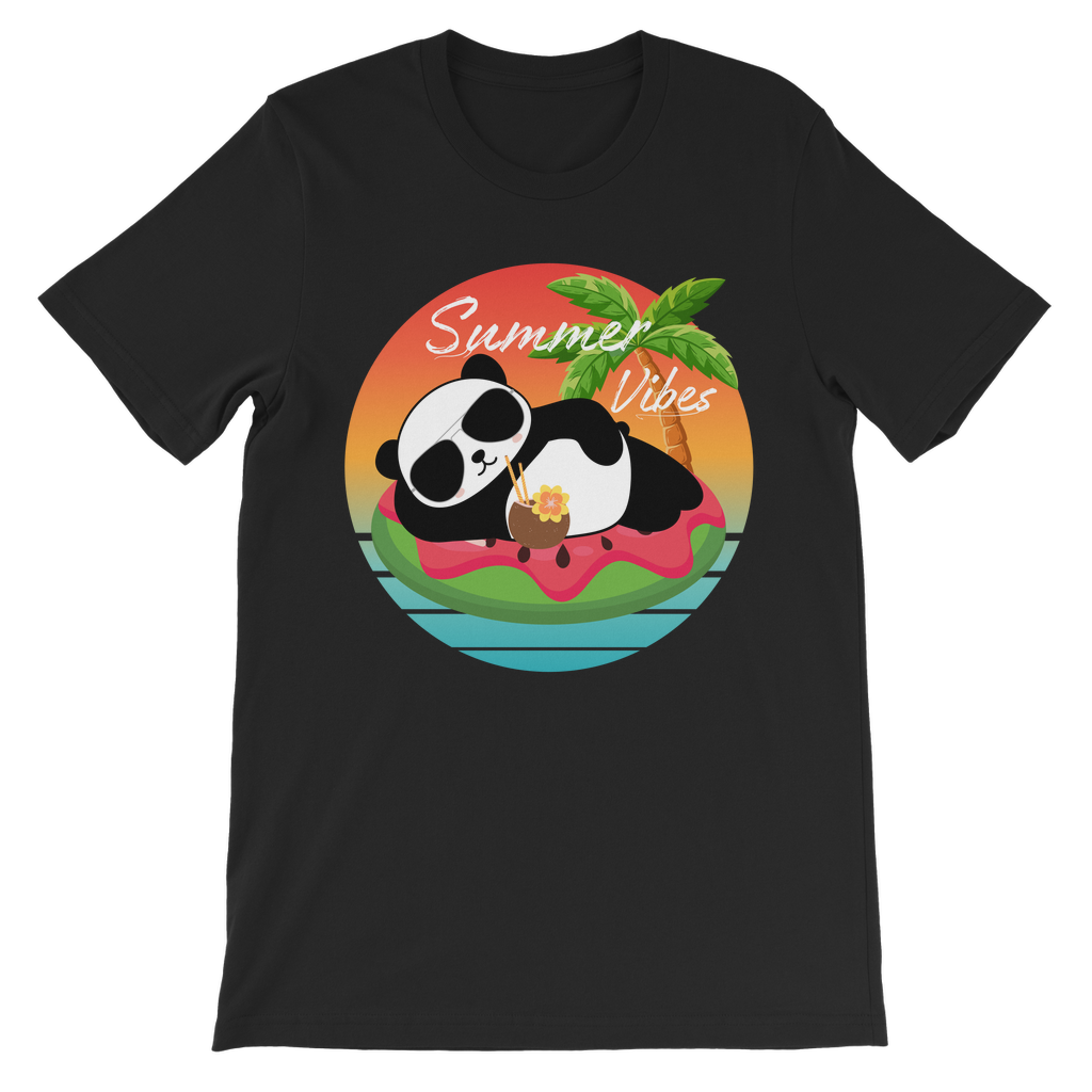 Kids black t-shirt featuring a “Summer Vibes” panda graphic lounging on a watermelon float with a tropical sunset and palm tree.