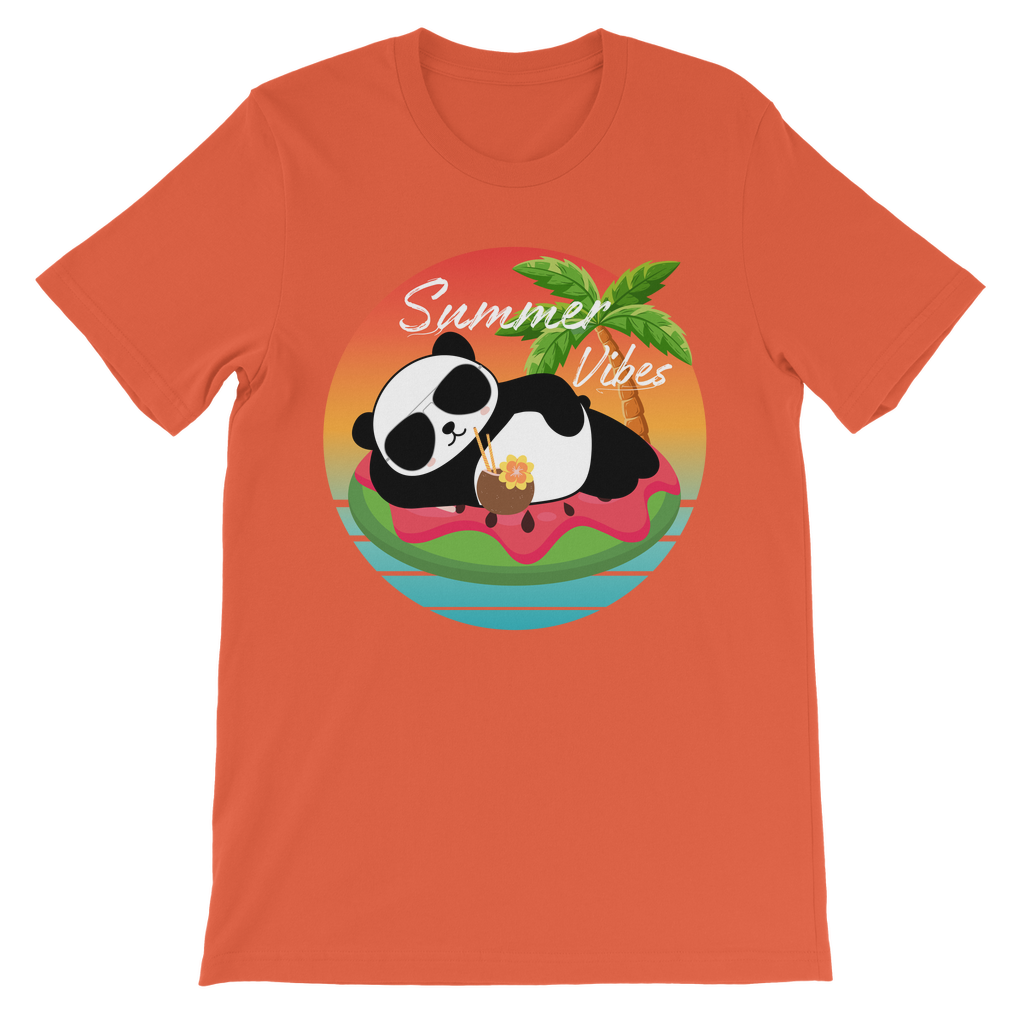 Orange cotton t-shirt with a panda graphic lounging on a watermelon float with a tropical sunset and palm tree - summer vibes text for kids.