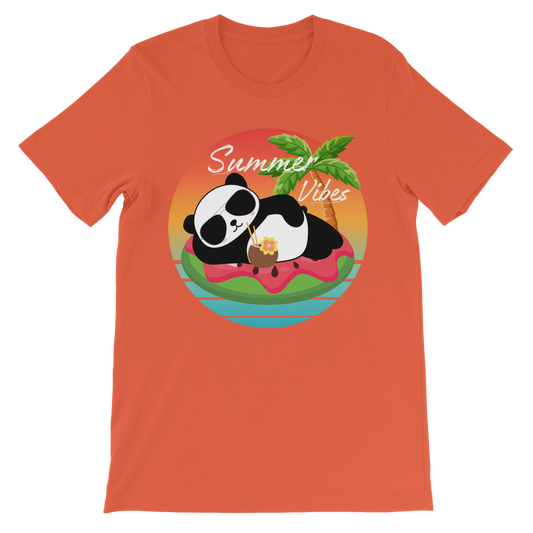 Orange cotton t-shirt with a panda graphic lounging on a watermelon float with a tropical sunset and palm tree - summer vibes text for kids.