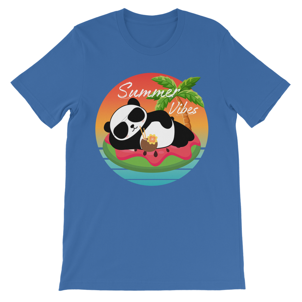 Boys royal blue t-shirt featuring a “Summer Vibes” panda graphic lounging on a watermelon float with a tropical sunset and palm tree.