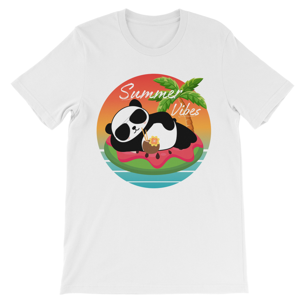 Kids cotton summer tee in white with a  panda graphic lounging on a watermelon float with a tropical sunset and palm tree.