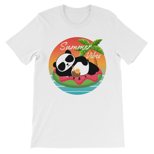 Kids cotton summer tee in white with a  panda graphic lounging on a watermelon float with a tropical sunset and palm tree.
