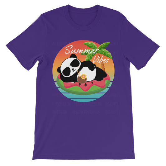 Purple kids t-shirt featuring a “Summer Vibes” panda graphic lounging on a watermelon float with a tropical sunset and palm tree.