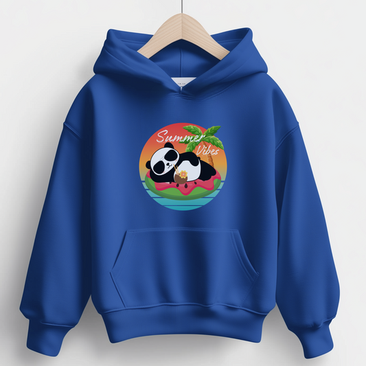 A kids royal blue hooded sweatshirt features a graphic of a panda bear chilling out on a watermelon water float. The graphic also includes the text "Summer Vibes".